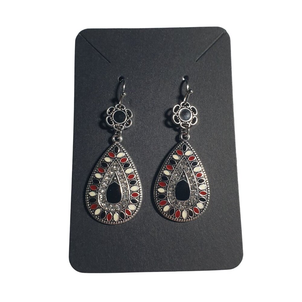 Teardrop Dangle Earrings Floral Design Red Black Accents Fishhook Back Boho Core